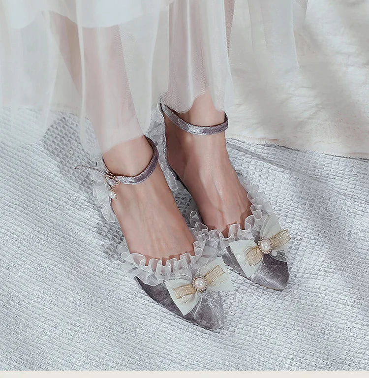 35-45 Red Metal Rhinestone Pearl Sandals Velvet Lolita Princess Shoes