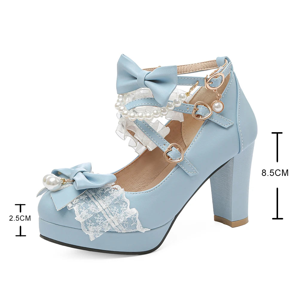 33-46 Cross Strap Pearl Mary Jane Pumps Black Strawberry Bow Princess Lolita Shoes