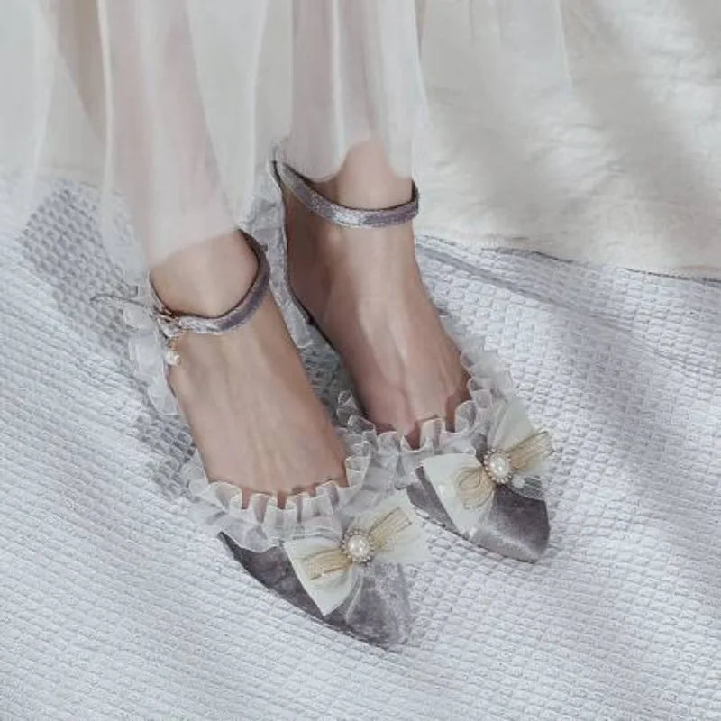 35-45 Red Metal Rhinestone Pearl Sandals Velvet Lolita Princess Shoes