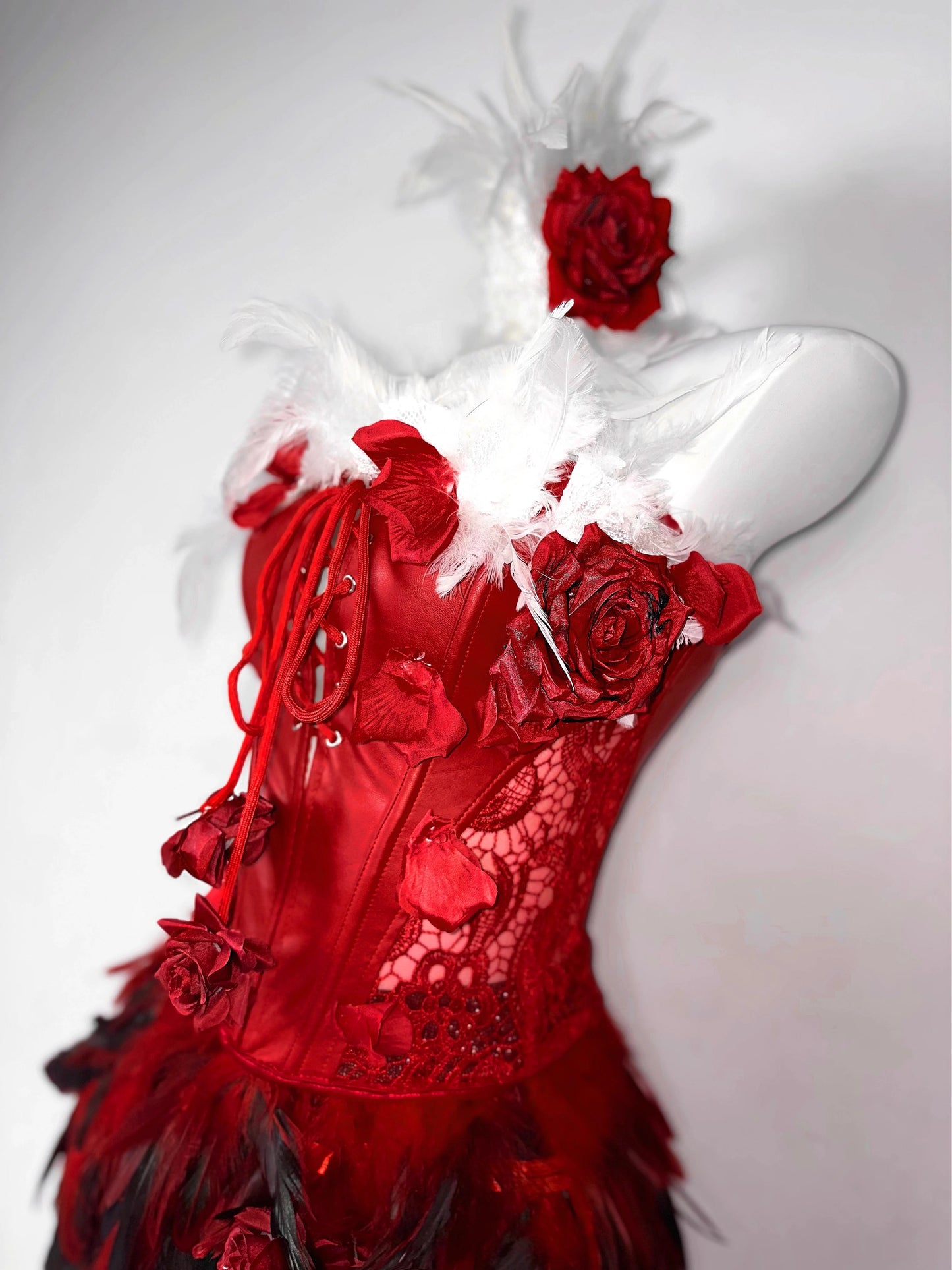Red Rose Gothic Lace-Up Drawstring Feather Corset Bustier Top Dress