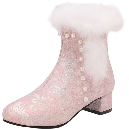 33-43 Winter Round Toe Silk Plush Warm Zippers Cheongsam Boots Skirt Boot