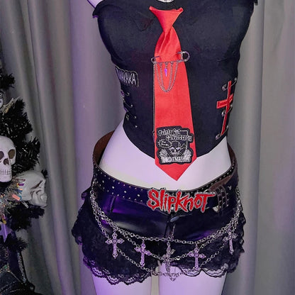 Black Punk Chain Lace Splicing PU Leather Rock Shorts