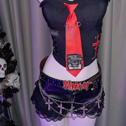 Black Punk Chain Lace Splicing PU Leather Rock Shorts