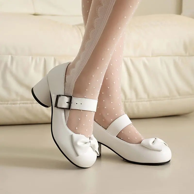 32-48 Mary Janes Pumps Round Toe Chunky Heels Buckle Strap Bowknot