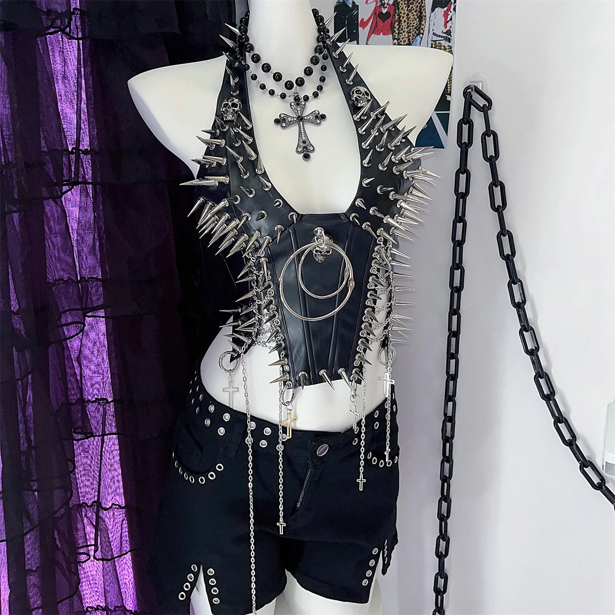PU Leather Y2K Rivet Skull Chain Punk Halter Suspender Vest
