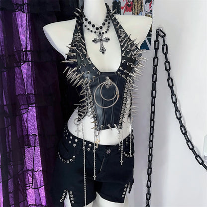 PU Leather Y2K Rivet Skull Chain Punk Halter Suspender Vest