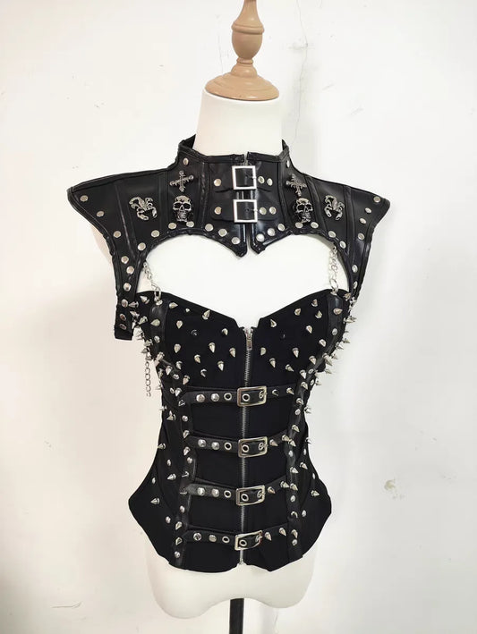Black Rivets Punk Leather Shawl Skull themed Outfits