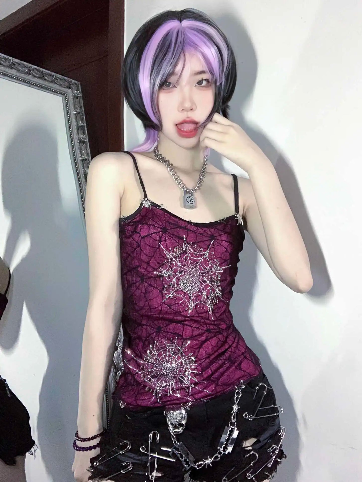 Dark Full Diamond Spider Web Barbie Purple Elastic Double Layer Strap Top