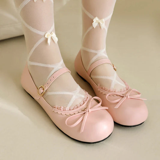 Pink White Mary Janes Bow Ballet Flats Shoes - 33-45