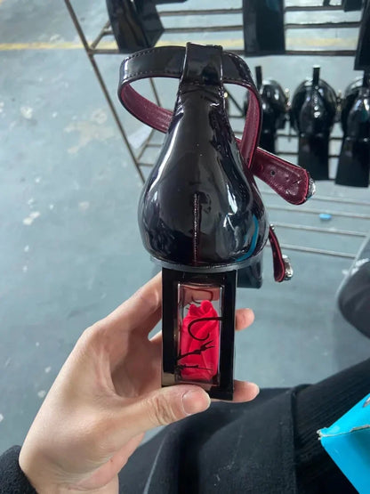 Wine Red Mary Jane Elegant Rose Block Heel Shoes - 35-43