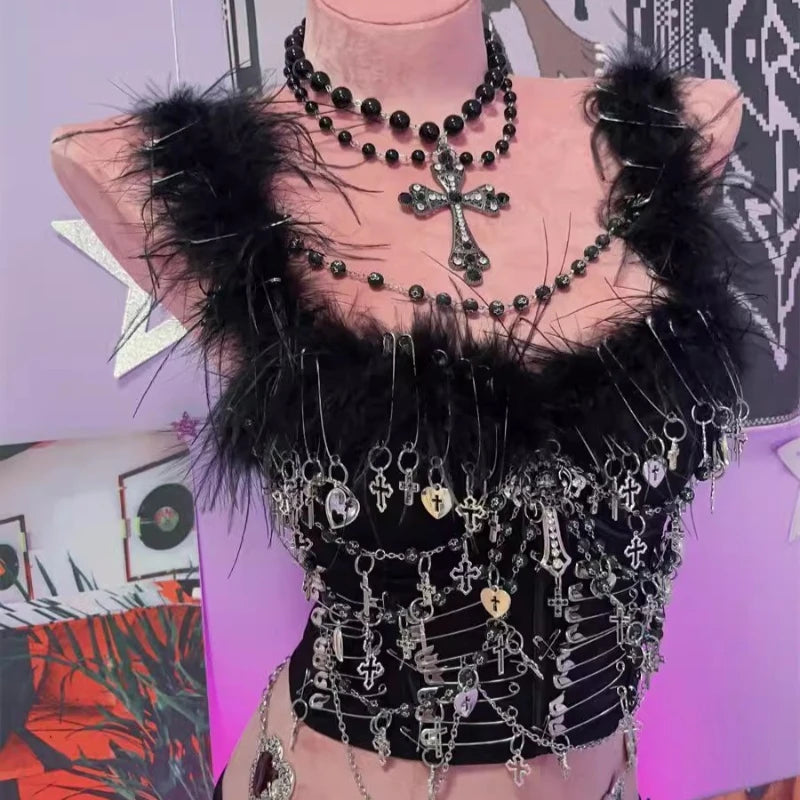 Y2K Punk Gothic Skull Chain Pin Vest Top