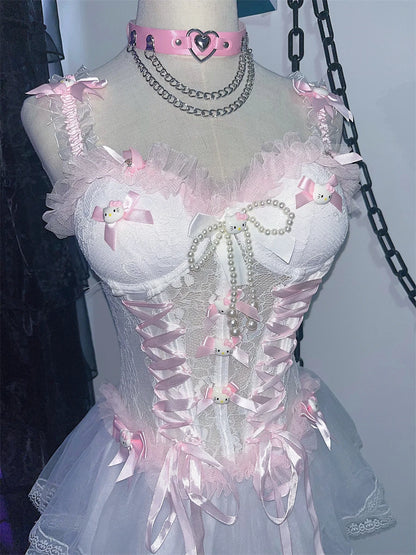 Sweet Pink Lace Trim Off Vest Cake Dress