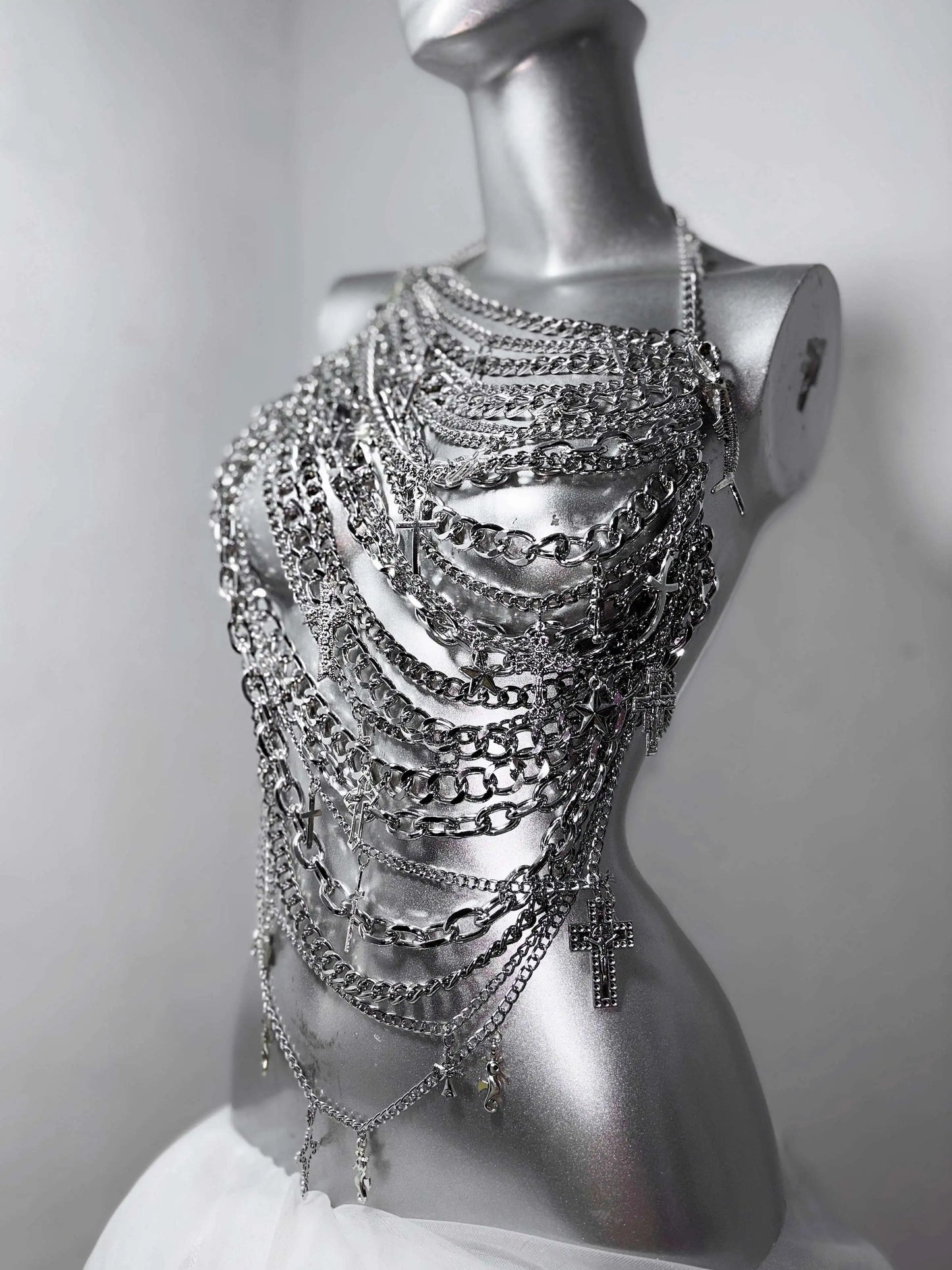 Gothic Technology Iron Chain Cross Hollow Chain Splicing Silver Set