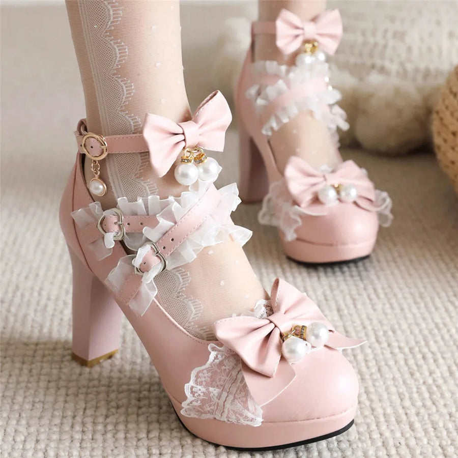 Lolita Pearl Bow Lace Round Head Heels Shoes - 33-43