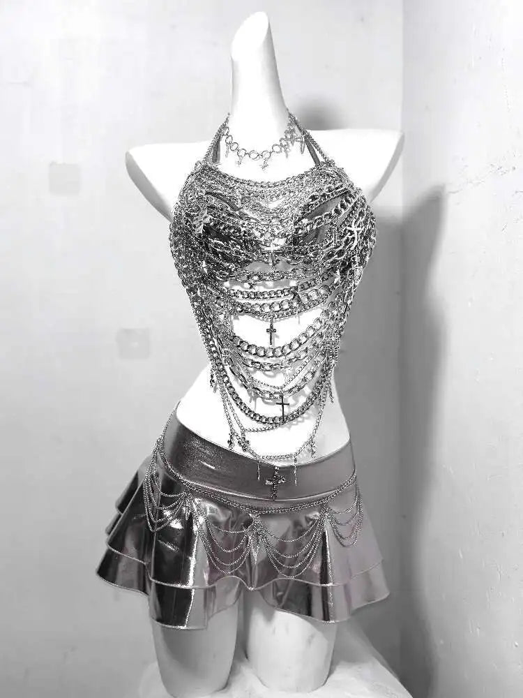 Gothic Technology Iron Chain Cross Hollow Chain Splicing Silver Set