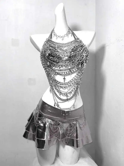 Gothic Technology Iron Chain Cross Hollow Chain Splicing Silver Set