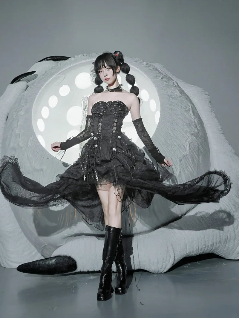 Pure Black Goth Dark Strap Drawstring Corset Bird Cage Affordable Corset Top