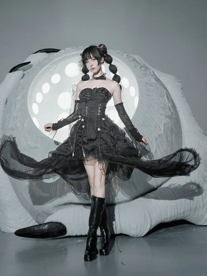 Pure Black Goth Dark Strap Drawstring Corset Bird Cage Affordable Corset Top