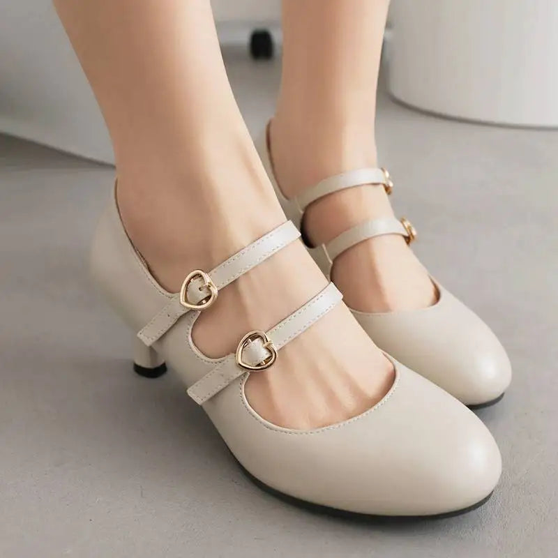 33-48 Pumps Round Toe Heels Double Buckle Straps Sexy Party Mary Shoes Shallow