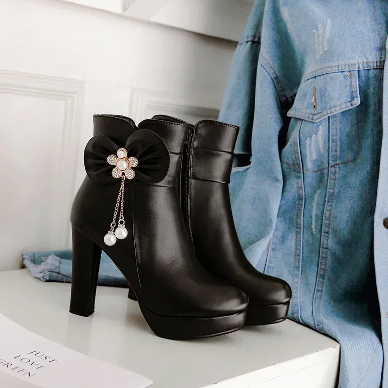 34-43 Lovely Lolita Party Wedding Butterfly-knot Bead Crystal Ankle Boots