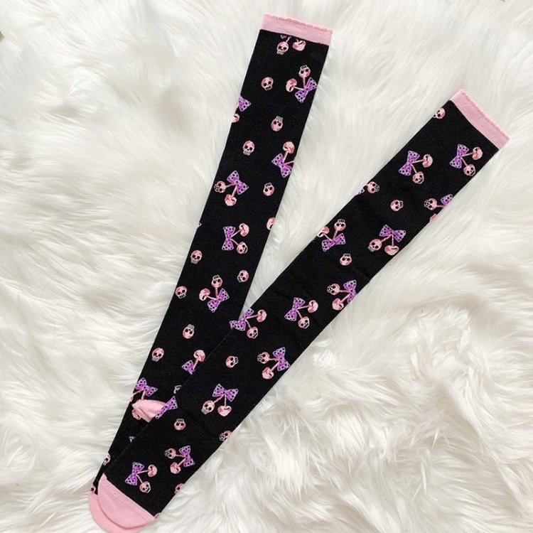 Black Skeleton Cherry Lolita  Overknee Stockings