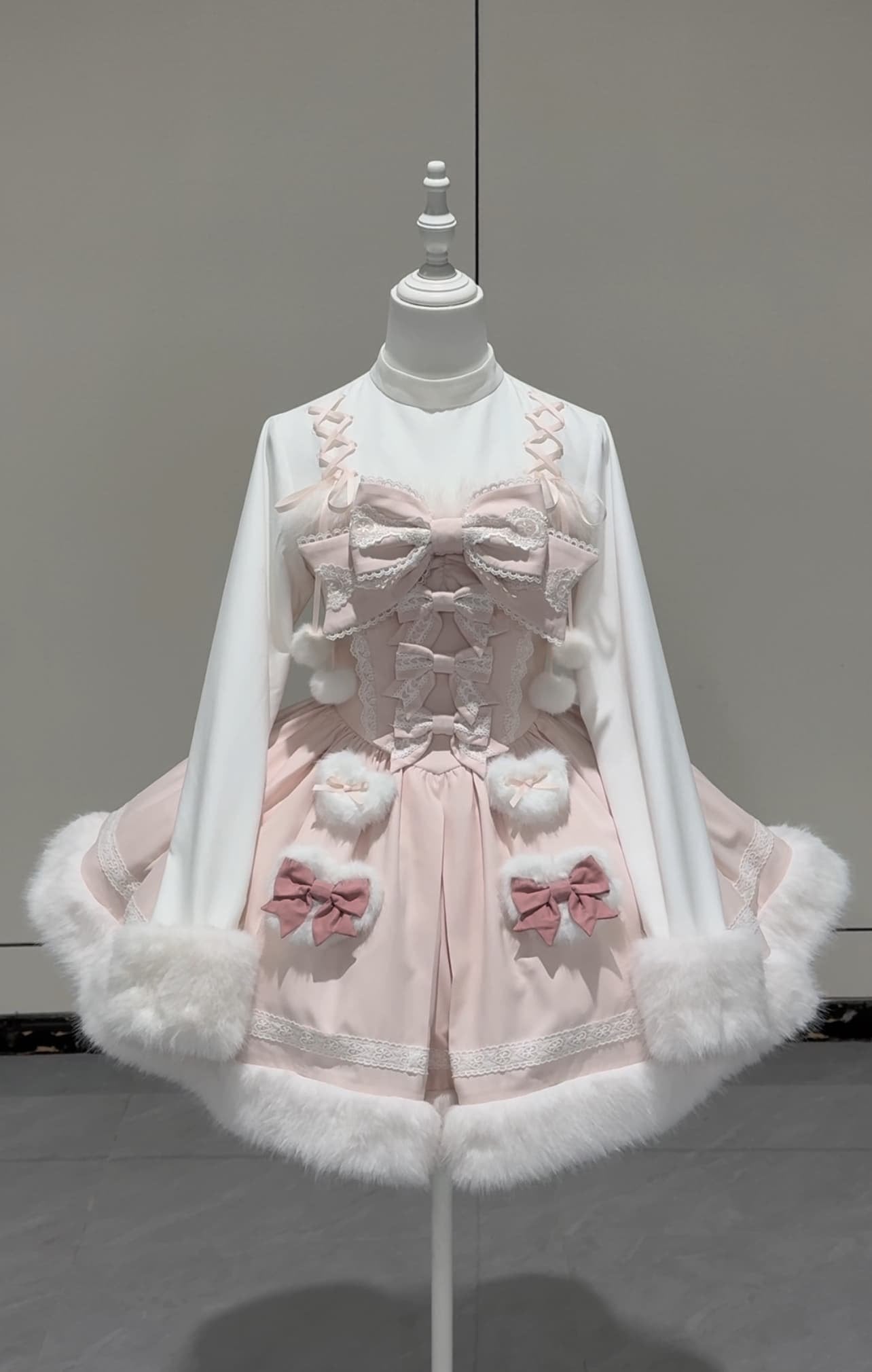 Bunny Ears Hooded Cape - Sweet Lolita Pink & White Faux Fur Dress