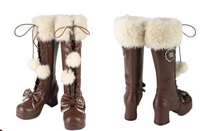 Top Boots Hybrid Elegant Brown Winter Lolita Bow