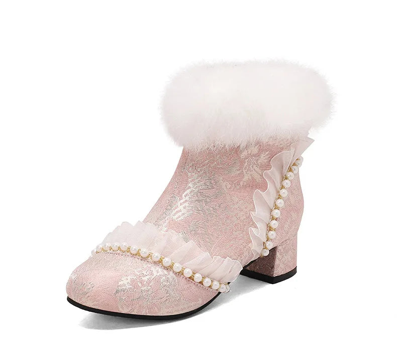 33-43 Elegant Cheongsam Beaded Rabbit Ankle Booties