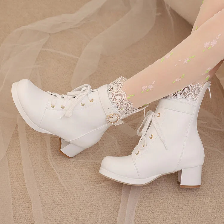 32-48 Lace Up Square Platform Ankle Boots Bow Ruffles Lolita Shoes