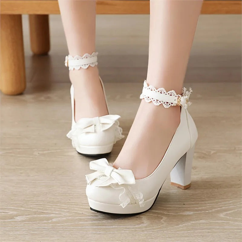 34-43 Cute Bow Lace Princess Mary Jane Lolita Pumps Shoes