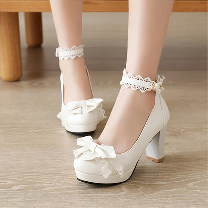 34-43 Cute Bow Lace Princess Mary Jane Lolita Pumps Shoes