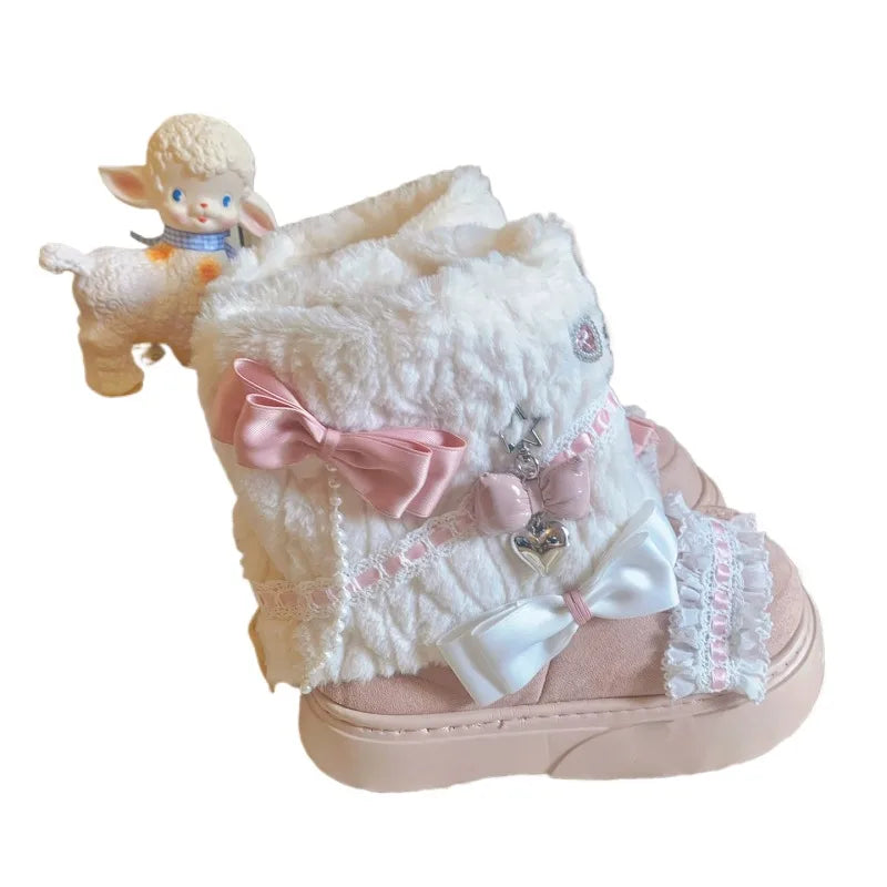37-40 Sweet Winter Warm Bow Rabbit Fur Thick Snow Boots