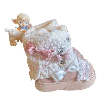 37-40 Sweet Winter Warm Bow Rabbit Fur Thick Snow Boots