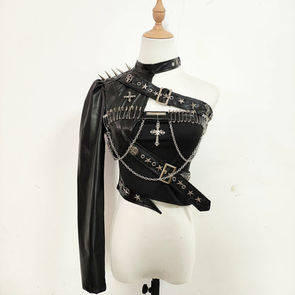 Punk Leather Rivet Single Shoulder Sleeve Coat Bead Chain Off-Shoulder Tube Top
