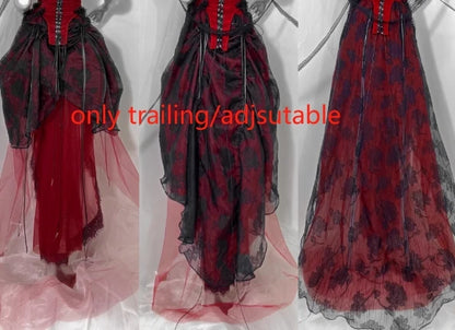 Red and Black Goth Strap Drawstring Fishbone Bra Birdcage Corset Top Trailing Skirt