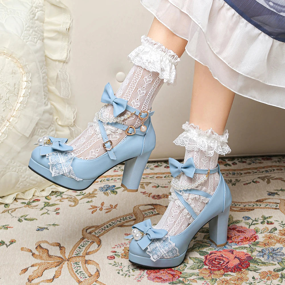 33-46 Cross Strap Pearl Mary Jane Pumps Black Strawberry Bow Princess Lolita Shoes
