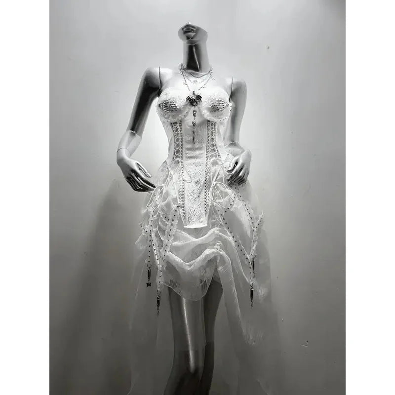 White Gothic Fishbone Split Drawstring Tied Corset Trailing Long Skirt