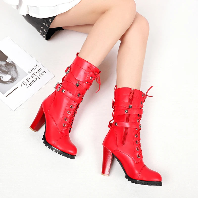 34-46 Cross Tie Rivet Side Zipper Mid-Calf Boots With Double Row Belt