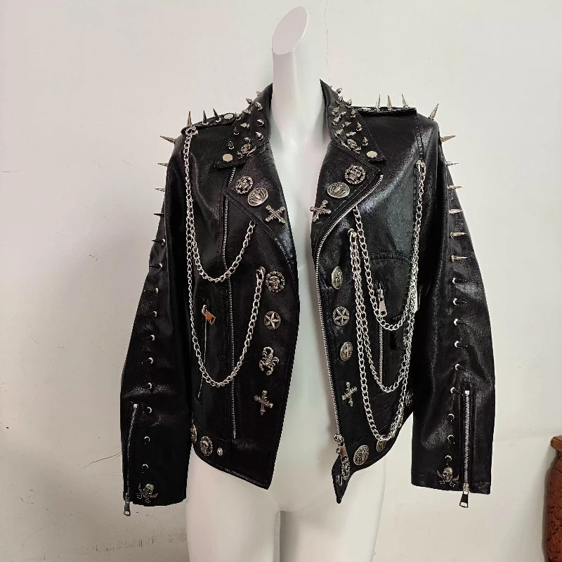Punk PU Leather Rivet Chain Jacket
