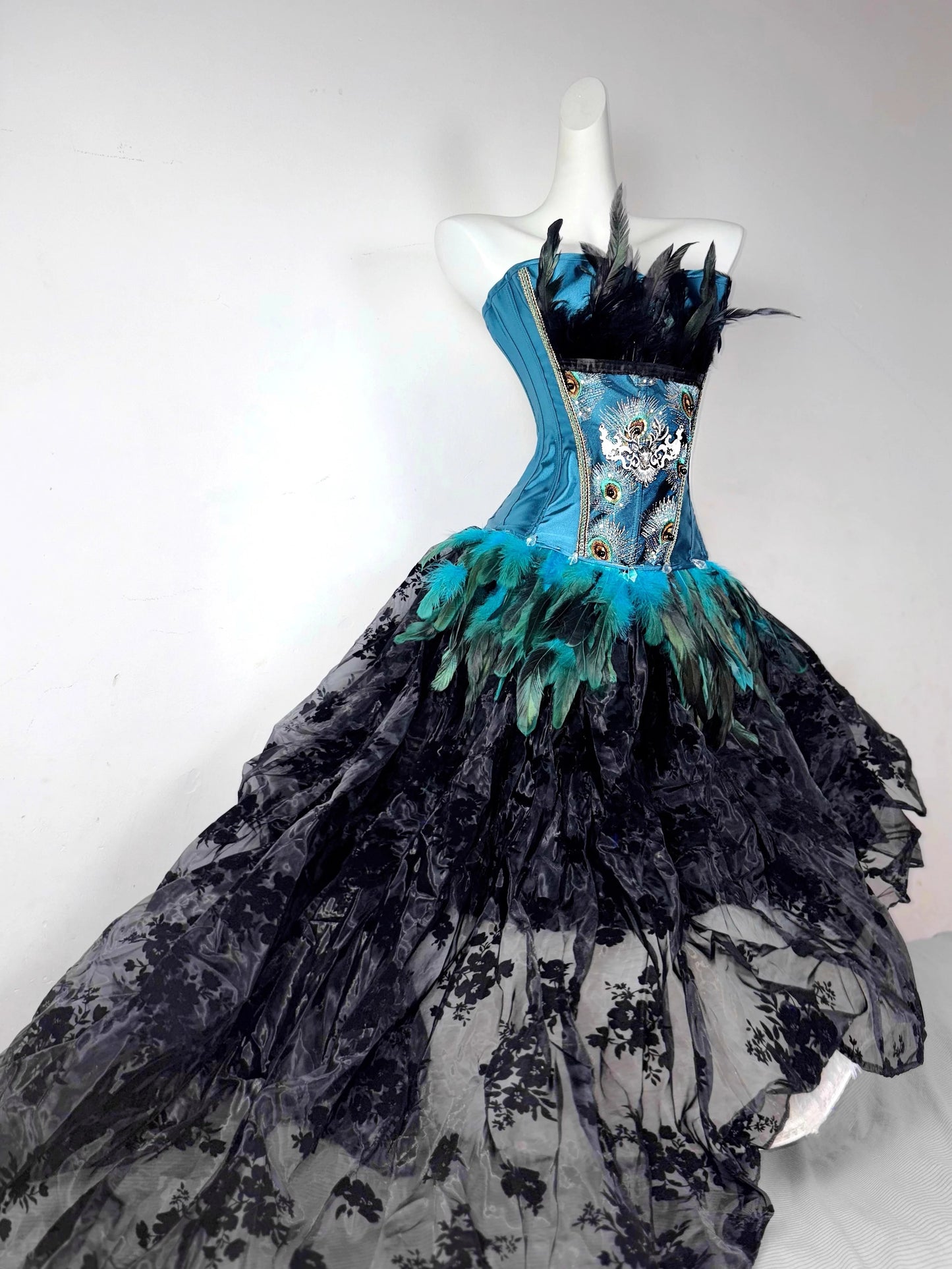 Blue-green Peacock Gothic Dark Lace-up Drawstring Dress