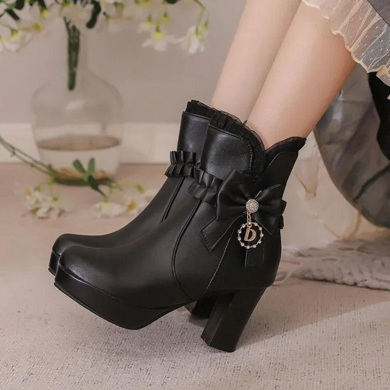 31-43 Cute Sweet Bow Knot Lolita Boots Pink Ruffles Boots