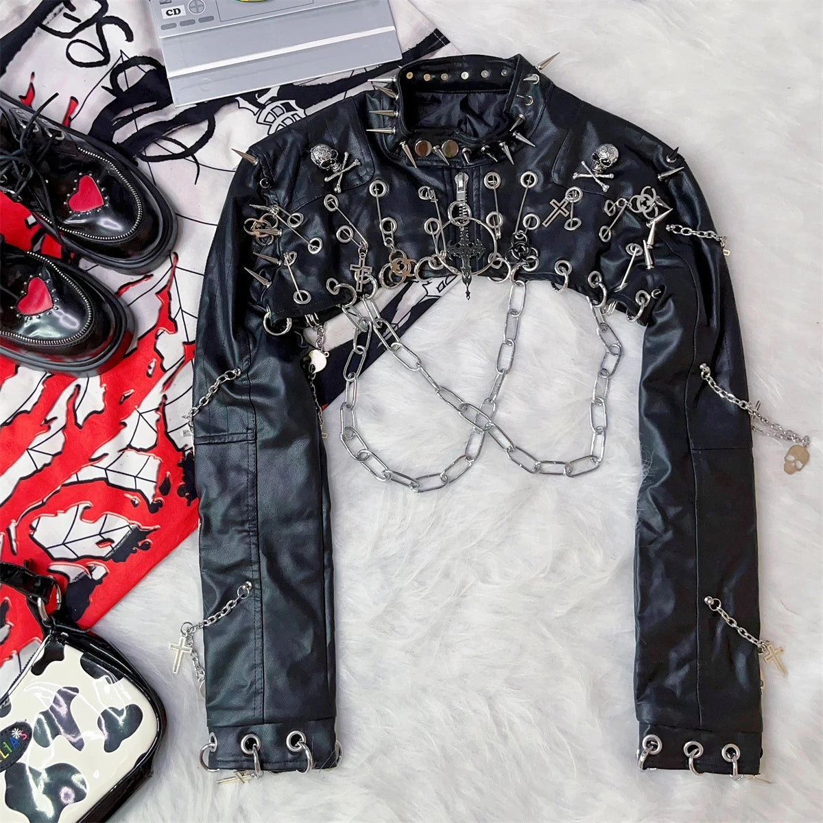 Punk Rivet Rock Retro PU Leather Metal Chain Jackets