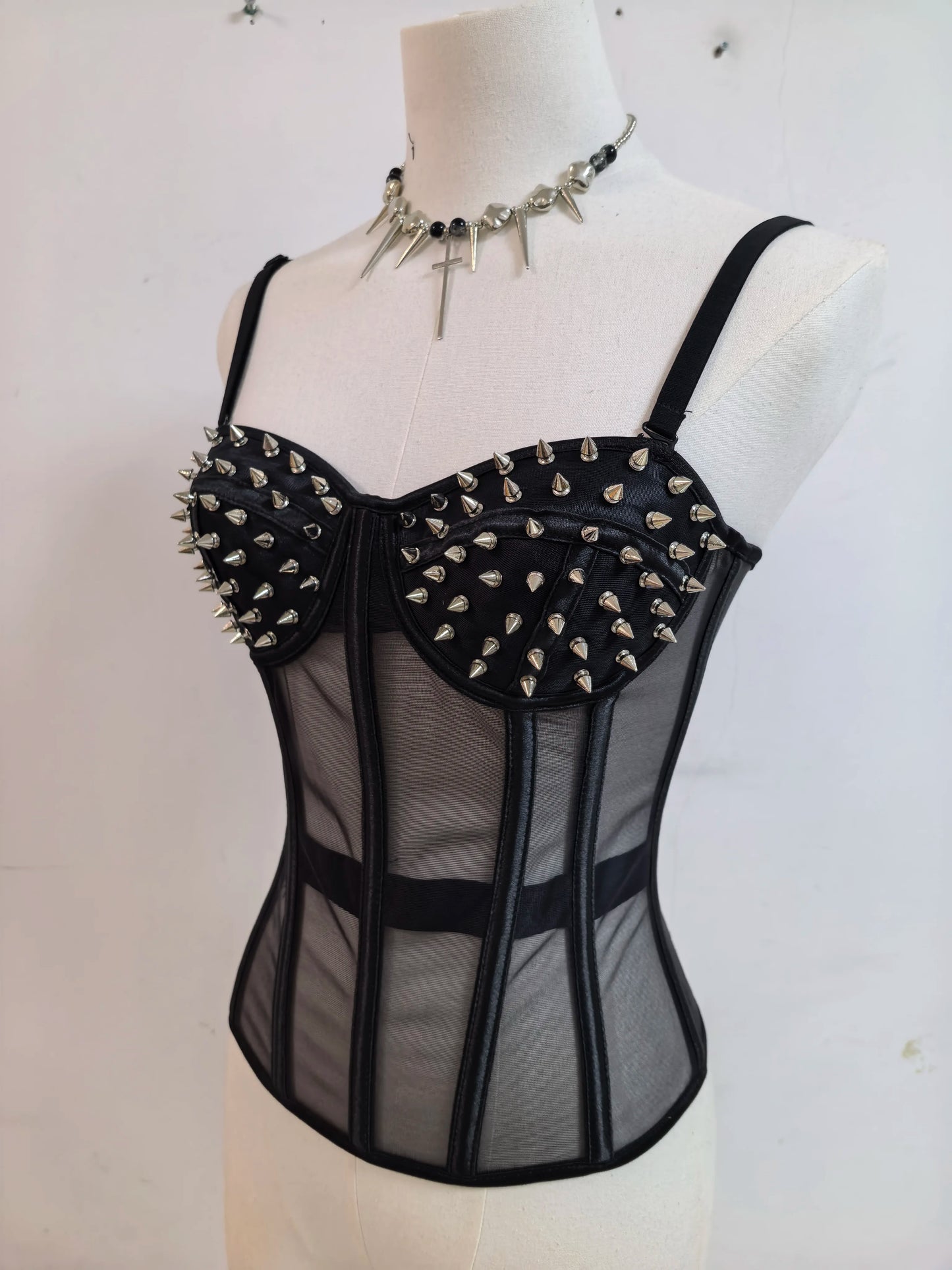 Punk Y2K Mesh See-through Fishbone Rivet Waist Cincher Corset