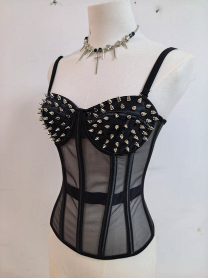 Punk Y2K Mesh See-through Fishbone Rivet Waist Cincher Corset