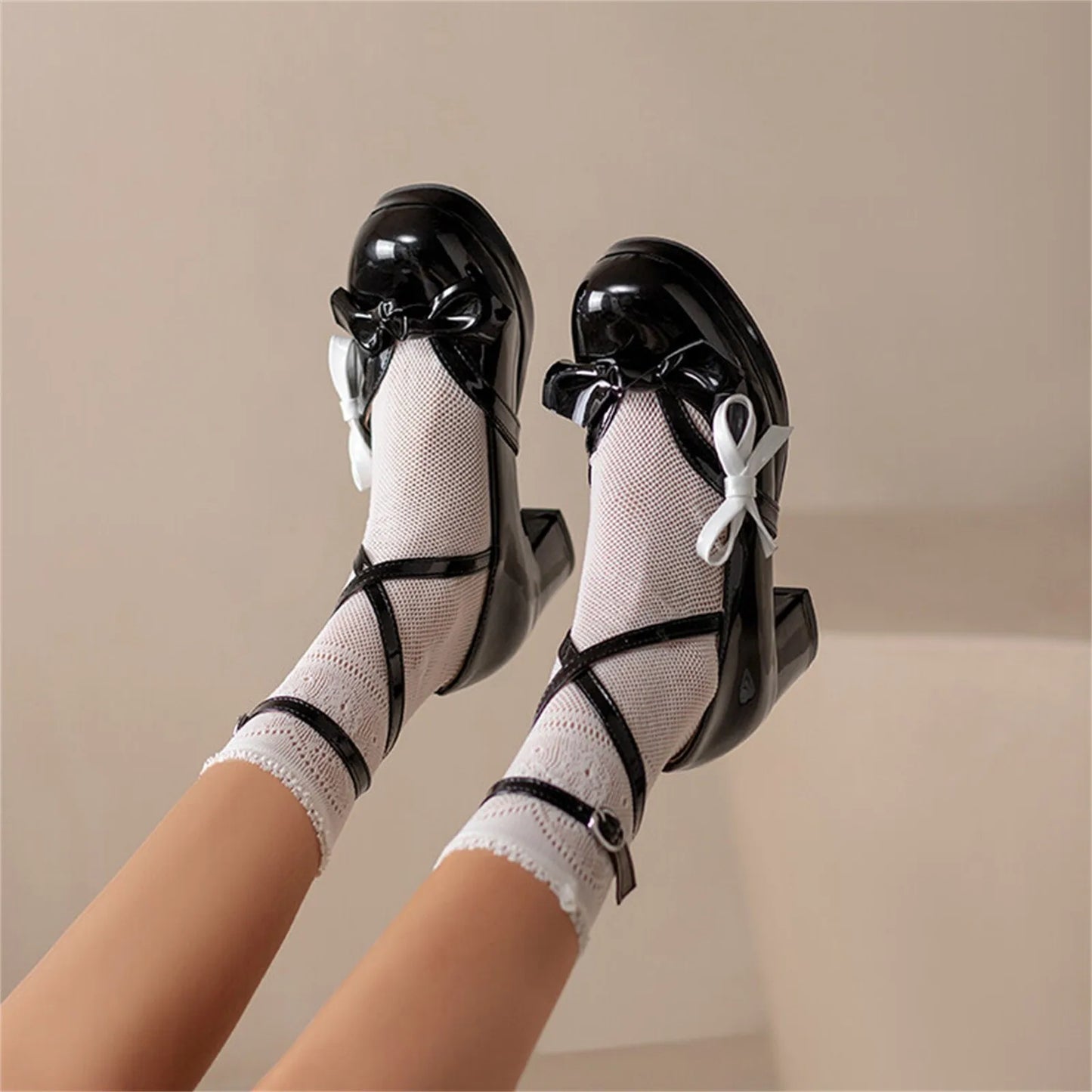 35-43 Bright Leather Sandals Lolita Bow Chunky Heel