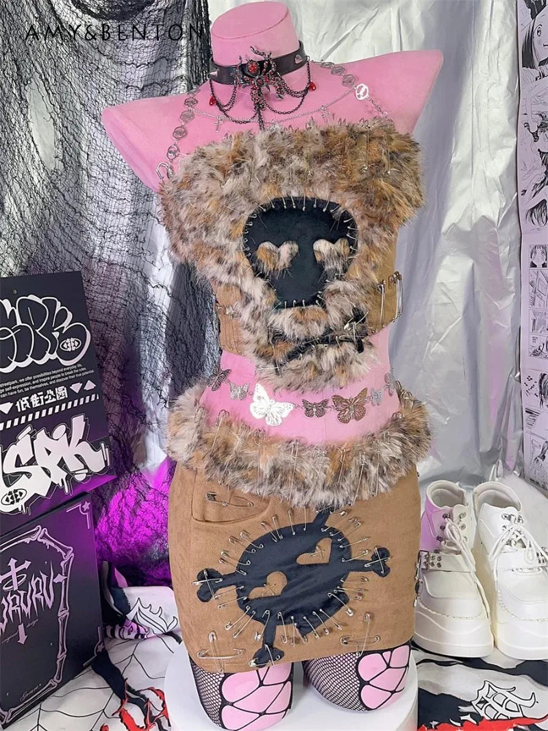 Millennial Punk Skull Leopard Print Vest Short Skirt Set