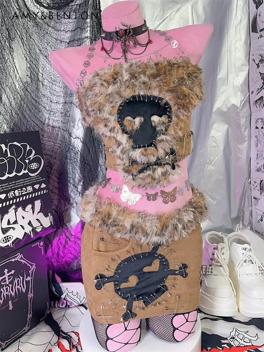 Millennial Punk Skull Leopard Print Vest Short Skirt Set