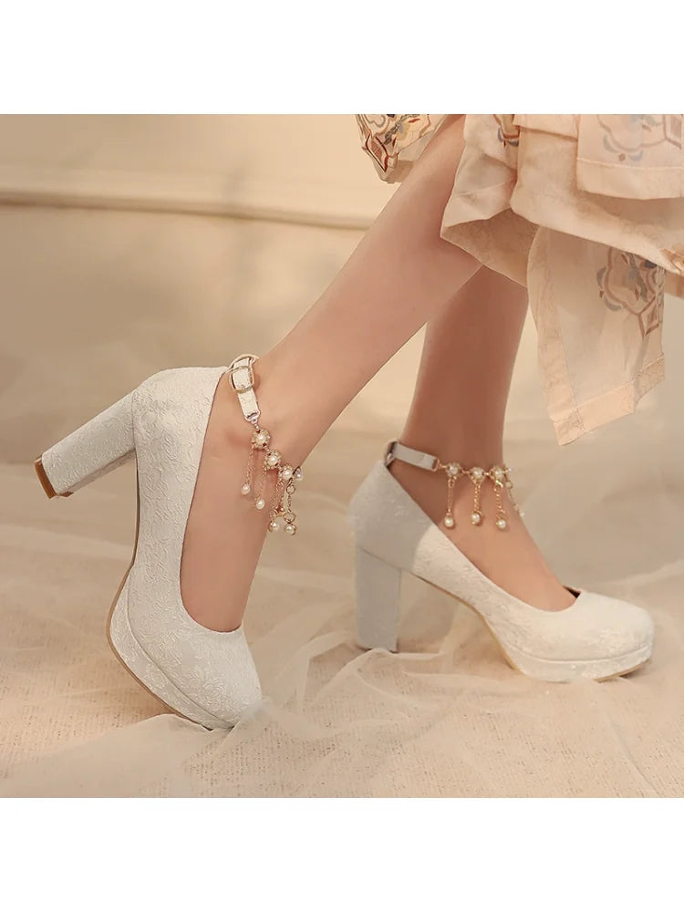 34-46 Elegant Cheongsam Round Toe Pearl One-piece High Heels