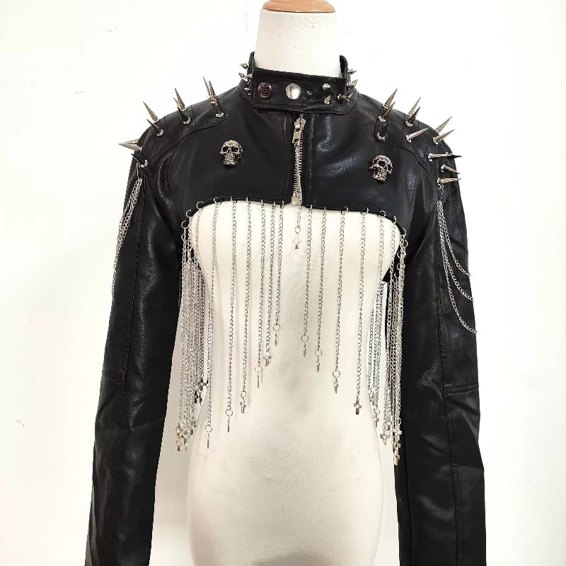 Punk Rivet Chain Tassel PU Leather Black Short Coat