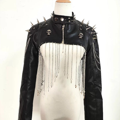 Punk Rivet Chain Tassel PU Leather Black Short Coat